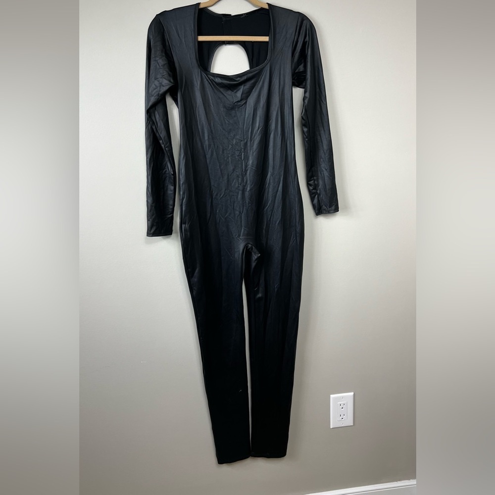 Spandex black cat woman long sleeve bodysuit with open back stretchy Sz M